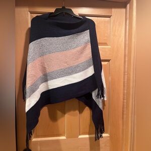 Asymmetrical Striped Poncho Sweater Pullover Cowl Neck with Fringe One Size